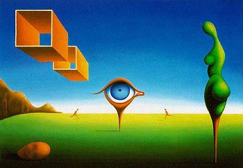Colour Painting by Joseph Cusimano - a Metaphysical Surrealist Artist :  'Persephone's Return' 1977.    Click here to go directly to the Official WebSite  -  Canada.