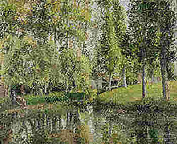 Colour Painting by Camille Pissarro  -  an Impressionist Artist :   'Le Lavoir de Bazincourt' 1900.    Click here to go directly to the Musée d'Orsay, Paris, where it hangs in Room 22 on the Ground Floor (April 2005).