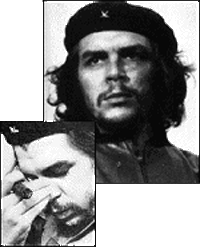 Collage of 2 Black & White Photographs:  Comandante Ernesto 'El Che' Guevara de la Serna Lynch (1928-67) - Guerrilla Freedom Fighter most directly associated with the 1959 Cuban Revolution.  In spite of constant criminal harassment from the USA since then, the Health & Education Systems of Cuba, including its National Literacy Programme dating from the early 1960's, remain an Impressive Paradigm for the 'Developed' World. 